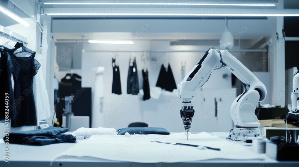 Poster a robotic tailor designing and sewing garments in a high-tech fashion studio, modern and artistic se