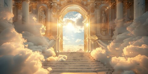 Marble Staircase and Ornate Golden Gate in the Clouds with Sunbeams Shining Through