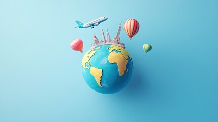 2410_137.stylized planet earth floating in blue space, iconic global monuments on top, passenger jet soaring above, colorful hot air balloons, tourism illustration, clean minimal design, subtle