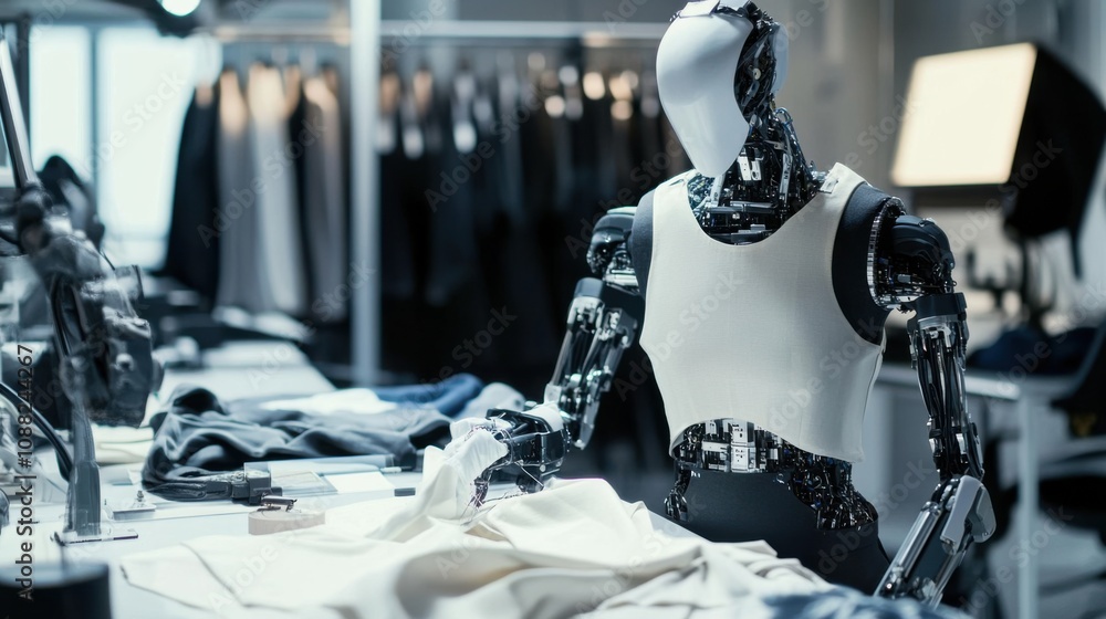 Poster a robotic tailor designing and sewing garments in a high-tech fashion studio, modern and artistic se