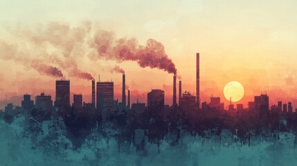 Captivating Industrial Skyline at Sunset with Smoky Chimneys and Pollution, Illustrating Environmental Impact and Urban Landscape in Vibrant Colors