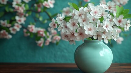A vase filled with delicate pink and white blossoms on a table.