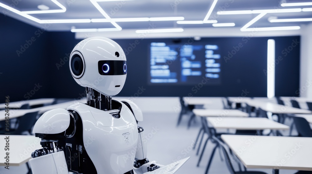 Leinwandbilder A robotic teacher conducting a virtual class in a futuristic classroom, advanced and digital educational setting with interactive screens, Educational Robotics style