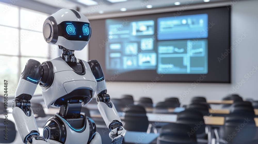 Leinwandbilder A robotic teacher conducting a virtual class in a futuristic classroom, advanced and digital educational setting with interactive screens, Educational Robotics style