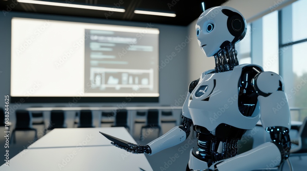 Poster A robotic teacher conducting an interactive class in a virtual classroom, futuristic and educational setting with digital screens and interactive tools, Virtual Classroom Robotics style