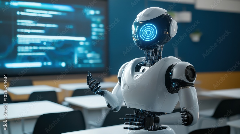 Poster A robotic teacher conducting an interactive class in a virtual classroom, futuristic and educational setting with digital screens and interactive tools, Virtual Classroom Robotics style