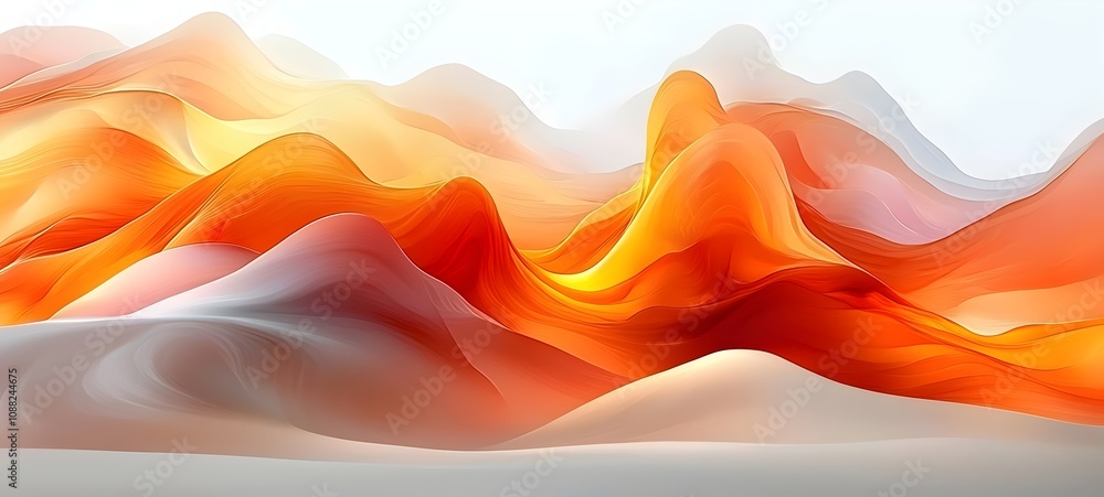 Poster an abstract landscape featuring flowing waves of orange and white, creating a warm and serene mood. 