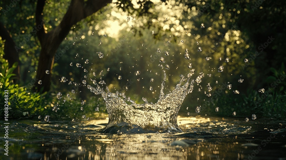 Poster a refreshing splash of water with droplets suspended in mid-air, creating a dynamic and energizing s