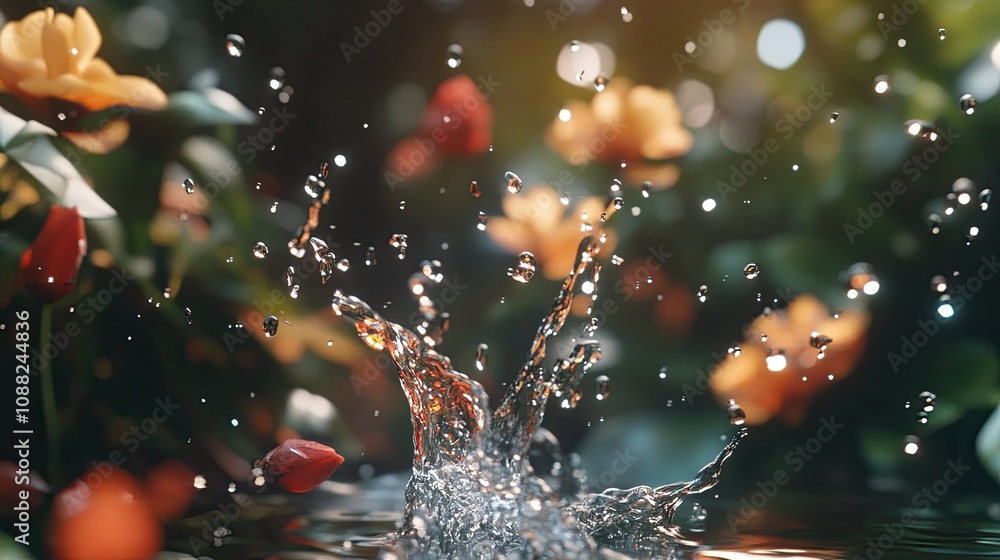 Poster a refreshing splash of water with droplets suspended in mid-air, creating a dynamic and energizing s