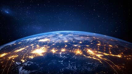 Obraz premium 2410_280.earth seen from space at night, glowing lights from cities, arcs of light representing global data flow and communication, high-tech digital pathways circling the planet, starry sky in the