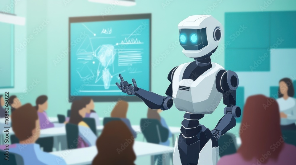 Aufkleber A robotic teacher conducting interactive lessons in a virtual classroom for students around the globe, educational and global setting with virtual classroom technology and diverse student profiles