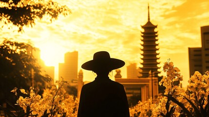 2410_045.wanderer silhouette against backdrop of golden stupa and ornamental gateway, striped top and wide-brimmed hat, modern buildings, street flowers, cultural intersection, wanderlust imagery