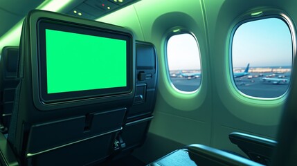 2410_248.a sleek airplane cabin featuring a large screen on the back of a passenger seat, the screen showing a vibrant green blank space to the right, thereâ€™s a window displaying the tarmac and