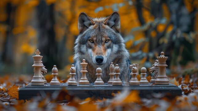 Gray Wolf, Canis Lupus, Concentrated in front of Chessboard on Fallen Leaves in Autumn Forest
