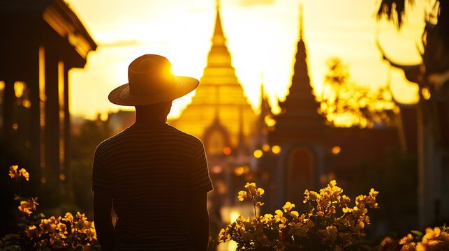 2410_045.wanderer silhouette against backdrop of golden stupa and ornamental gateway, striped top and wide-brimmed hat, modern buildings, street flowers, cultural intersection, wanderlust imagery