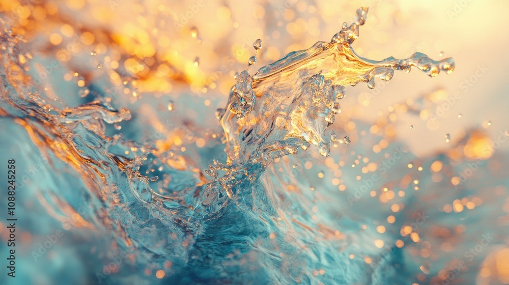 Poster a splash of water, frozen in time with droplets glistening against a soft background, creating a dyn