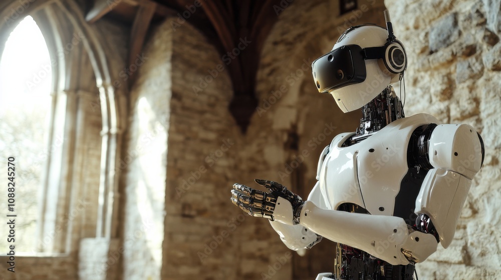 Poster a robotic teacher conducting virtual reality history lessons in a medieval castle, educational and h