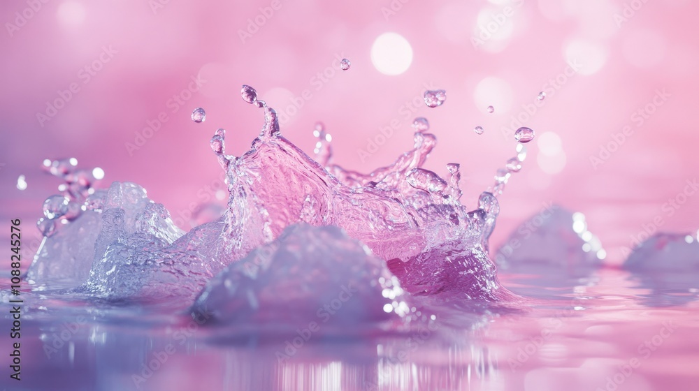 Poster a splash of water, frozen in time with droplets glistening against a soft background, creating a dyn