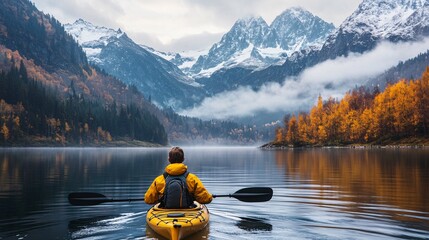 2410_366.a solo kayaker paddling through a serene alpine lake, surrounded by towering snow-capped mountains, the water reflecting the sky and distant peaks, the autumn trees lining the shores,