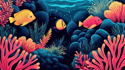 Obraz premium Vibrant Underwater Scene with Colorful Coral and Tropical Fish in a Deep Ocean Environment, Showcasing Marine Life and Natural Beauty in Stunning Detail