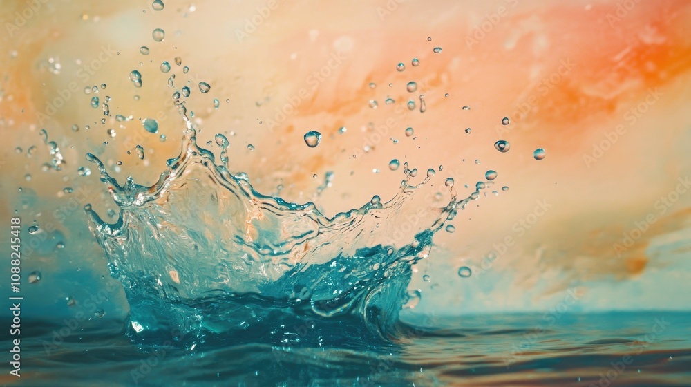 Poster a splash of water, frozen in time with droplets glistening against a soft background, creating a dyn