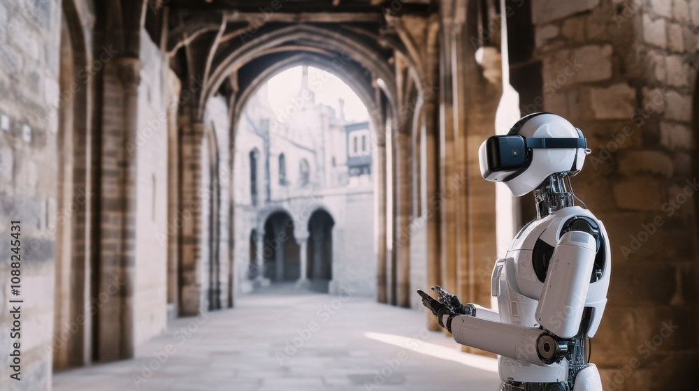Poster A robotic teacher conducting virtual reality history lessons in a medieval castle, educational and historical setting with VR headsets and medieval architecture