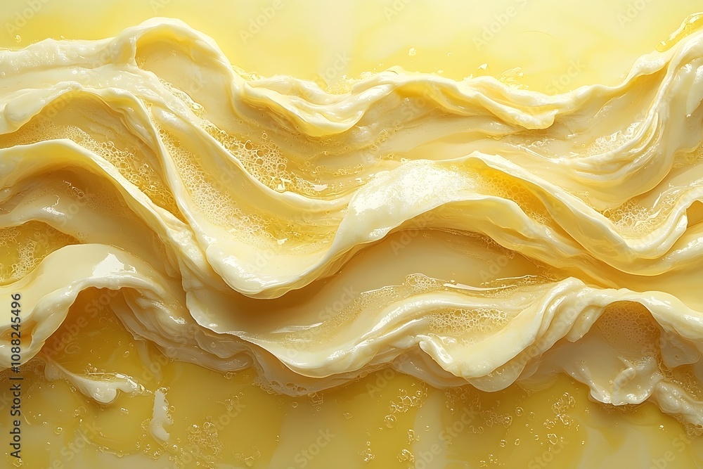 Poster An abstract close-up of flowing, creamy yellow layers resembling smooth butter or whipped cream, creating a wave-like pattern with a soft, inviting texture.