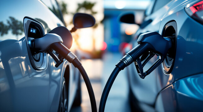 An intricate split image concept depicting an electric car connected to an EV charging station and a gasoline-powered car refueling at a gas station   