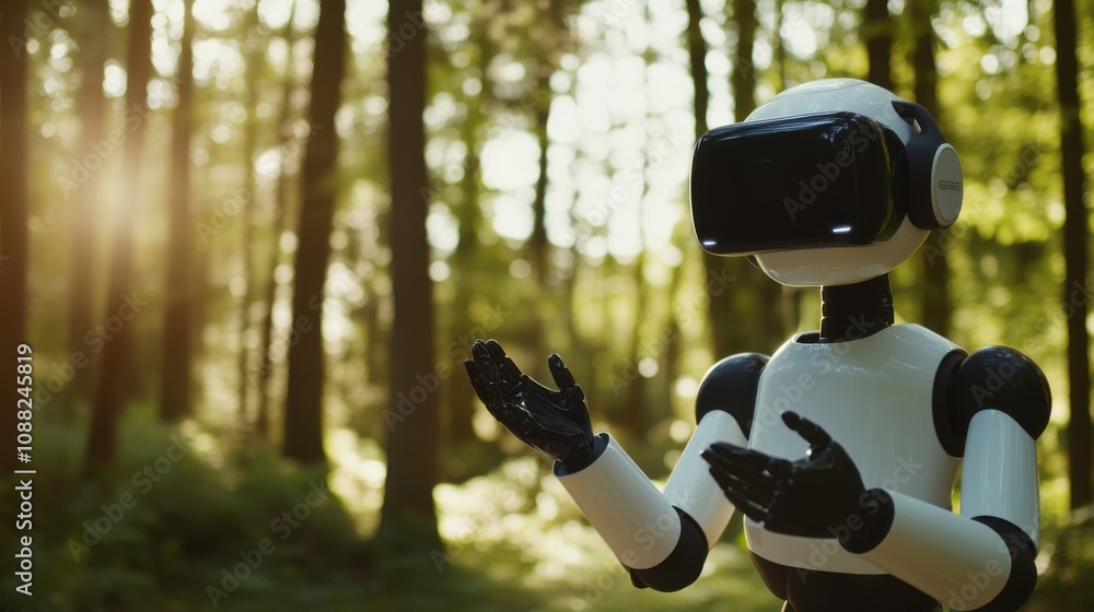 Poster a robotic therapist conducting virtual reality sessions for patients in a tranquil forest setting, t