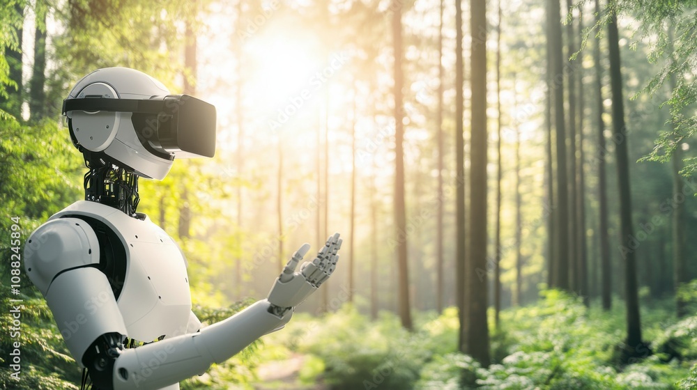 Poster a robotic therapist conducting virtual reality sessions for patients in a tranquil forest setting, t