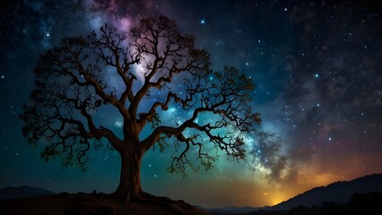 A monumental Tree of Life soars skyward, its gnarled and sprawling branches seamlessly fusing with the cosmic expanse of glittering constellations, swirling nebulae, and luminous galaxies. 