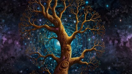 A monumental Tree of Life soars skyward, its gnarled and sprawling branches seamlessly fusing with the cosmic expanse of glittering constellations, swirling nebulae, and luminous galaxies. The scene g