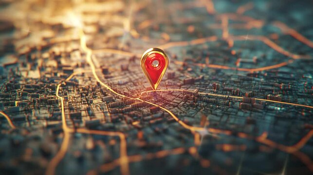 3D red location pin on a city map close up video footage.