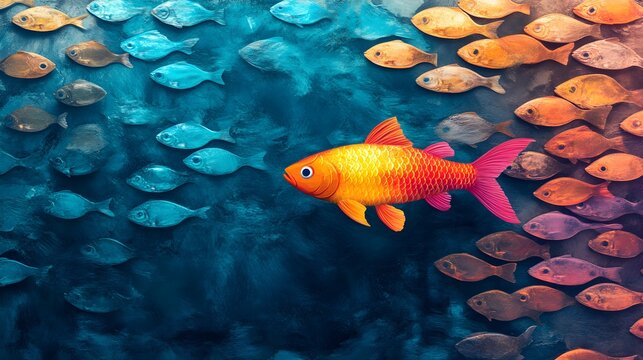 A vibrant, lone fish swimming upstream through a river of shimmering, identical fish, representing the struggle of breaking free from conformity