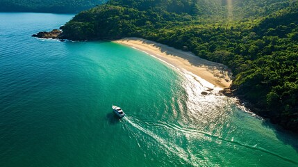 Obraz premium 2410_047.lone tourist vessel cruising through emerald waters, bird's eye perspective, pristine beach destination, brazilian coastal scenery, sunlight glinting off waves, idyllic island getaway,