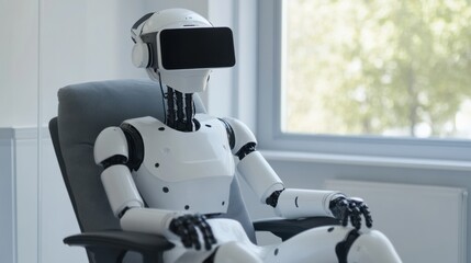 A robotic therapist conducting virtual reality therapy sessions for PTSD patients, therapeutic and supportive setting with VR headsets and calming environments, PTSD Therapy Robotics style