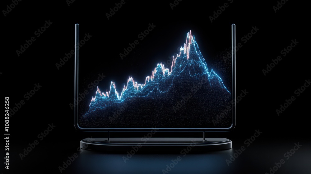Aufkleber digital display showing a rising financial graph on a sleek stand.