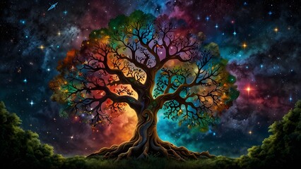 A monumental Tree of Life soars skyward, its gnarled and sprawling branches seamlessly fusing with the cosmic expanse of glittering constellations, swirling nebulae, and luminous galaxies. The scene g