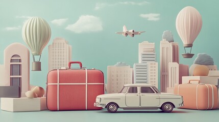 2410_060.playful 3d travel composition, vintage-inspired luggage, miniature balloon and car models, travel planning accessories, muted color scheme, subtle urban landscape, clean minimalist design