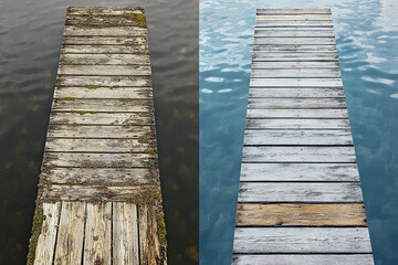 Fototapeta premium Wooden lakeside dock before and after renovation