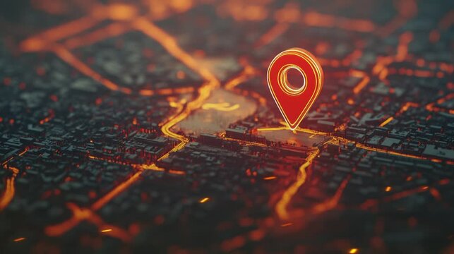 3D red location pin on a city map close up video footage.