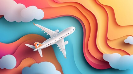 Naklejka premium 2410_165.sophisticated travel poster design, commercial airliner vector, creative pin marker concept, designer luggage element, curved earth perspective, minimal cloud shapes, professional marketing