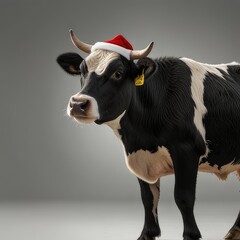 portrait of a cow in a christmas hat,christmas bull terrier,santa claus with a cow,portrait of a cow in a christmas hat