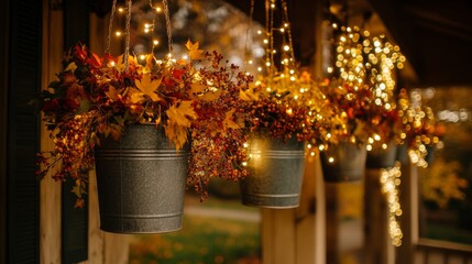 Autumn Leaves and Lights in Hanging Buckets