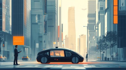 2410_167.autonomous vehicle on city street, ai-operated taxi, corporate passenger in suit, towering buildings, misty atmosphere, muted color palette, flat graphic design
