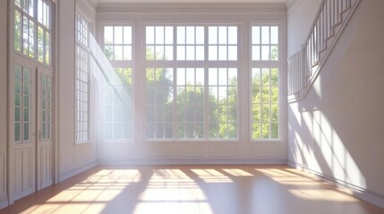Fototapeta premium A bright, empty room with tall windows and a staircase leading to another level.