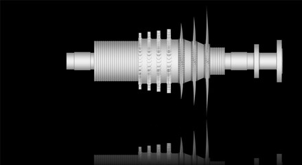 Steam turbine turbomachinery illustration showing several stages of impulse blades on a single flow configuration on a black background © Robot Squirrel 