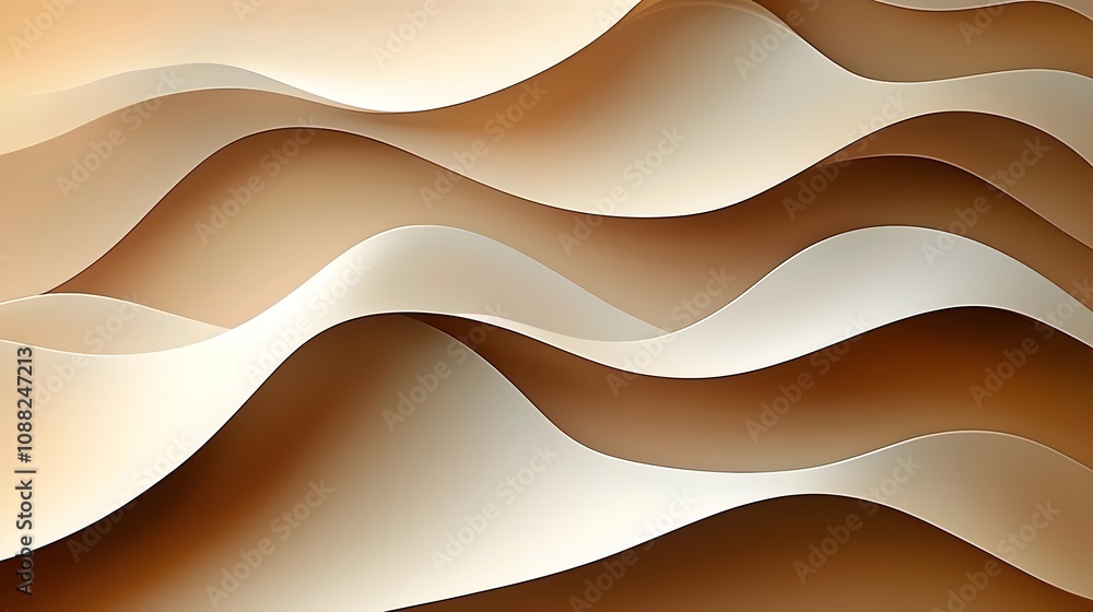 Poster An abstract composition of flowing waves in warm tones of beige and cream, creating a sense of movement and fluidity. Ideal for backgrounds or design projects.