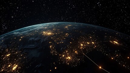 Obraz premium 2410_276.night view of earth from space, glowing city lights on the dark surface, illuminated pathways of digital communication circling the globe, lines of connection representing global data flow,