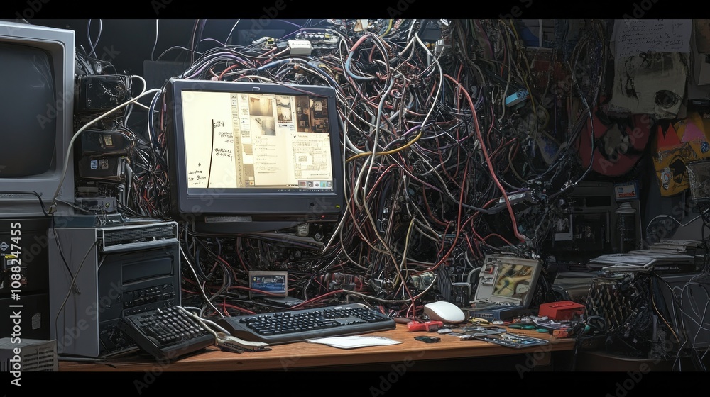 Poster a chaotic tangle of cables, rendering a computer inoperable on a cluttered desk.